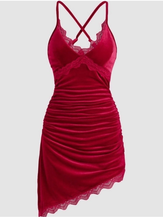 Cider Dresses & Skirts - Cider Lace-Trim Ruched Mini Dress - Crimson